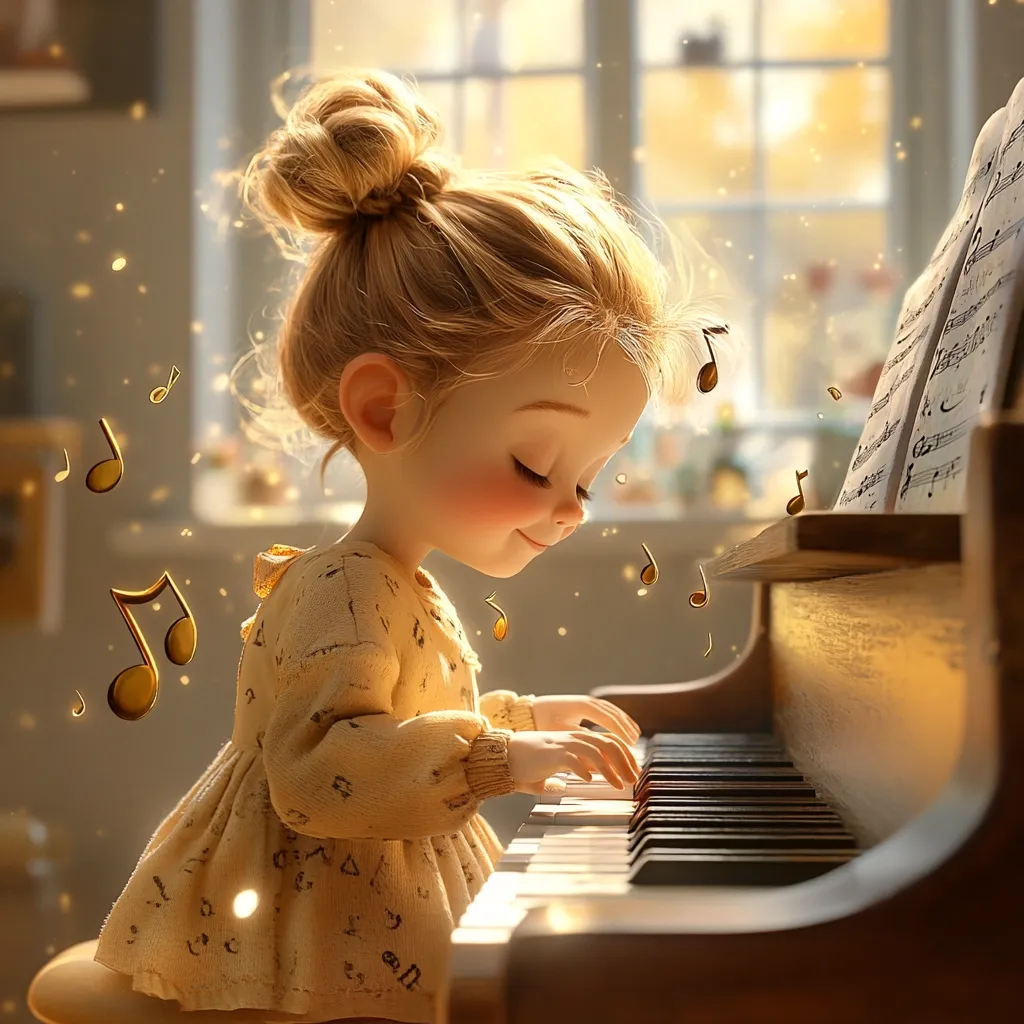 Here is a description of the image:

The illustration depicts a cute, stylized young girl with blonde hair in a bun, playing a piano. She wears a light yellow dress adorned with tiny patterns.  Her eyes are closed, suggesting concentration and enjoyment.  Golden musical notes float around her, adding a magical, whimsical feel. The scene is warm and softly lit, with a blurred background hinting at a sunny room. The overall style is digital art, charming and evocative of childhood innocence and musical talent.