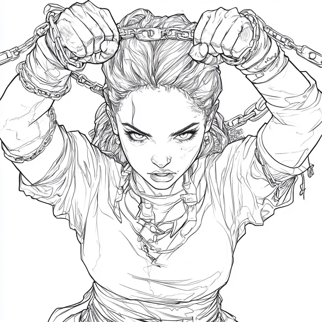 Here's a description of the image:

The image is a detailed black and white line drawing of a young woman.  She is depicted from the chest up, her arms raised, forcefully pulling at a chain that encircles her head.  Her expression is fierce and determined, her eyes narrowed in defiance.  The style is reminiscent of comic book art, with intricate linework emphasizing texture in her hair, clothing, and the chains. Her attire appears worn and possibly tattered, suggesting a struggle or hardship. The overall effect is one of powerful resistance and defiance.