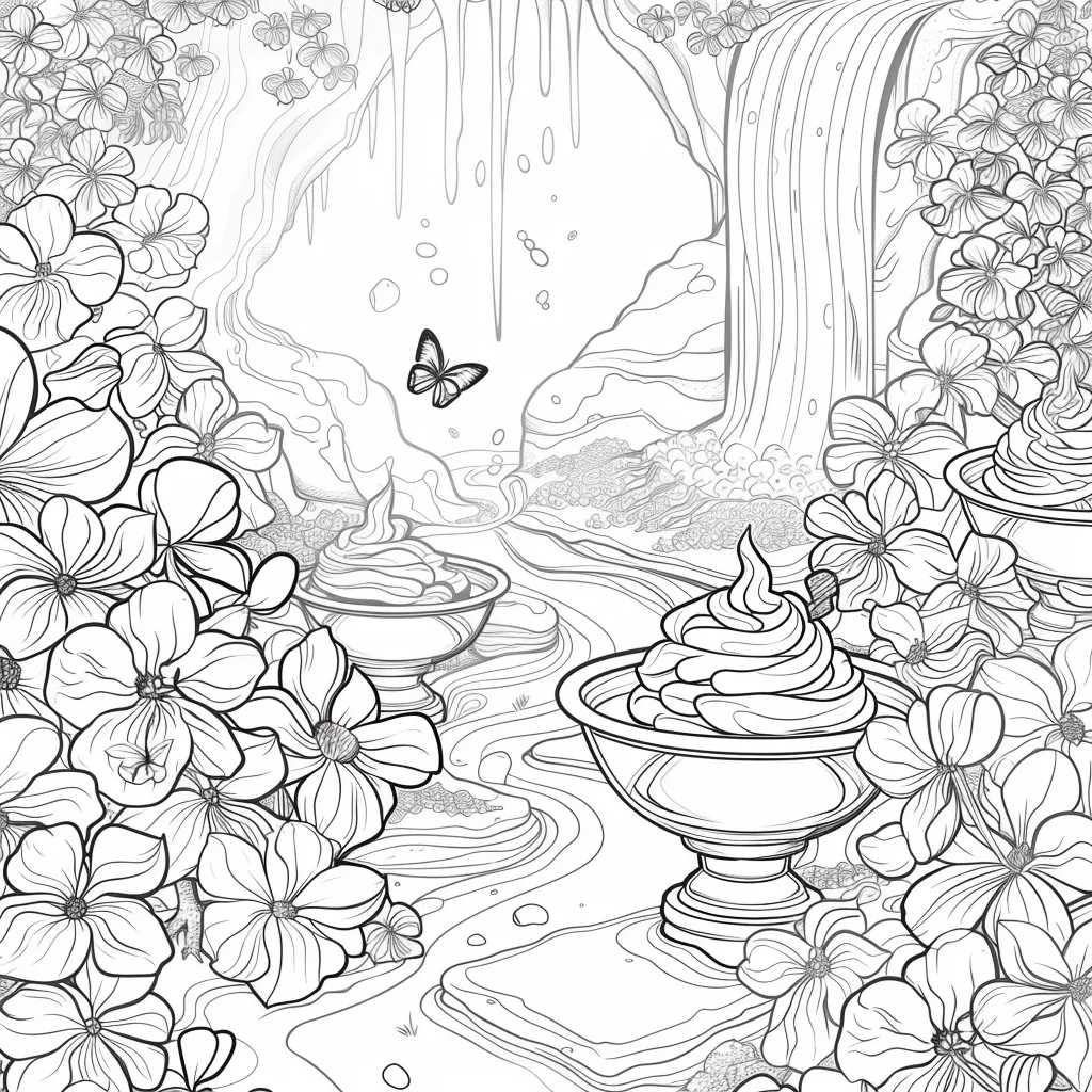 Here's a description of the image:

The image is a detailed black and white line drawing, reminiscent of an adult coloring book page. It depicts a serene, fantastical landscape featuring a waterfall cascading down a rocky cliff face, surrounded by lush flowering plants.  Intricate details show a flowing stream winding through the scene, leading to several ornate bowls filled with a creamy substance, possibly representing a luxurious spa treatment or dessert. A butterfly floats amidst the water droplets, adding a touch of whimsy.  The overall style is delicate and elegant, with meticulous attention to the floral and natural elements.