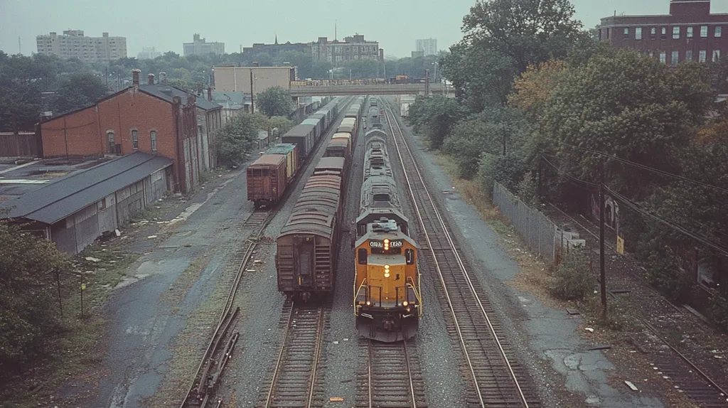 Here's a description of the image:

High-angle, long shot of a railway scene on an overcast day.  Two freight trains, one led by an orange and yellow locomotive, are traveling on parallel tracks. The trains consist of numerous boxcars. The tracks run through an urban area, with industrial buildings and vegetation visible on either side.  Older brick buildings, some appearing somewhat derelict, are situated close to the tracks.  The overall atmosphere is muted and somewhat industrial.  The background shows a cityscape in the distance, partially obscured by haze and trees.