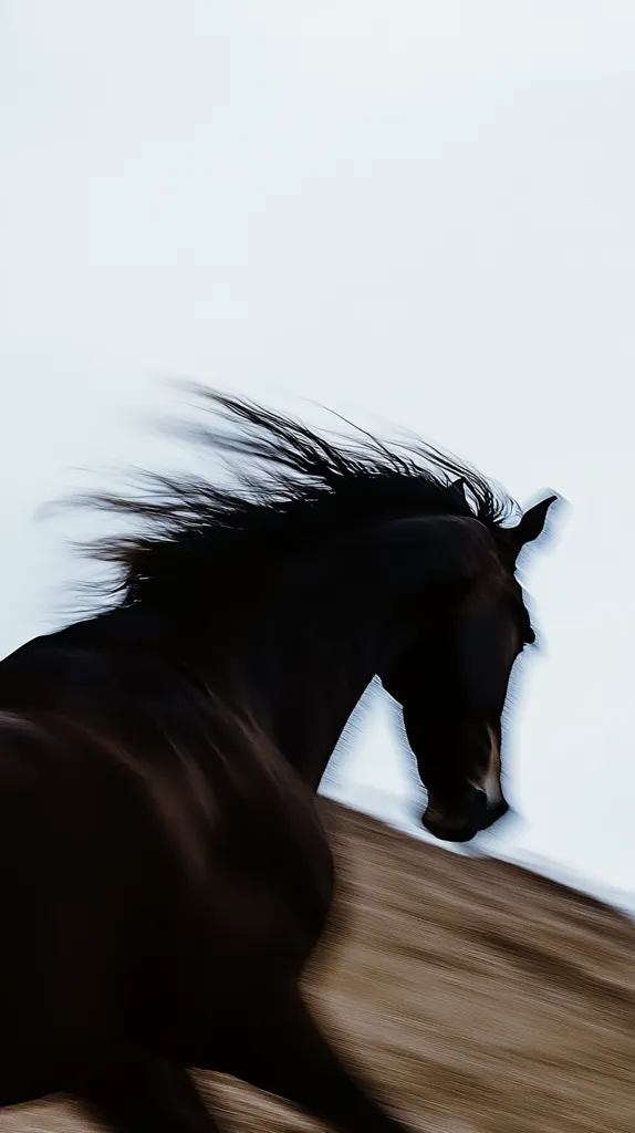 Here is a description of the image:

The image is a dynamic, slightly blurry photograph of a black horse in motion.  Its mane and tail flow dramatically, suggesting speed. The horse is captured from the side, its head slightly turned, giving a sense of forward movement. The background is a muted, pale sky and a blurred earth tone, emphasizing the horse as the central focus. The overall effect is one of freedom, power, and grace. The motion blur adds a feeling of energy and immediacy to the scene.