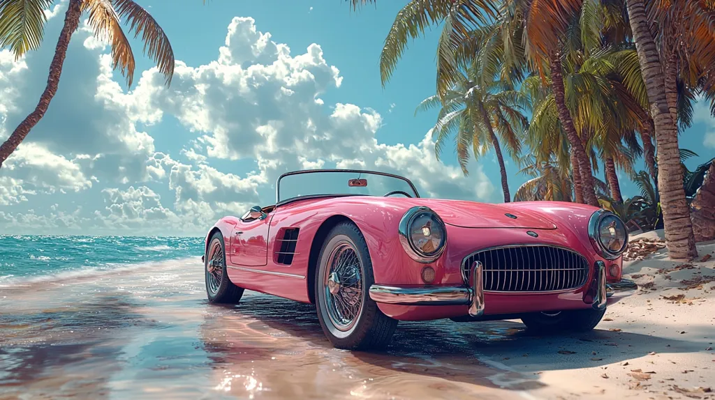 A vibrant pink classic convertible sits on a pristine beach, the ocean's gentle waves lapping at the shore.  Towering palm trees provide shade under a bright, sunny sky filled with fluffy white clouds.  The car, reflecting the sunlight, appears to be parked in a tranquil, idyllic tropical setting, creating a scene of perfect relaxation and escape. The wet sand suggests a recent arrival, emphasizing the feeling of a carefree getaway.