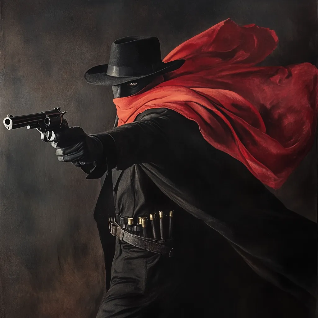 A dramatic painting depicts a lone figure, possibly a gunslinger or vigilante, in motion.  Clad in black, he wears a wide-brimmed hat and a flowing crimson cape billowing behind him. His face is partially obscured by the cape, adding to the mystery.  He holds a revolver, aimed purposefully, revealing a bandolier of cartridges at his hip. The dark, moody background enhances the sense of danger and intrigue. The overall style is reminiscent of classic Western or pulp fiction illustrations.