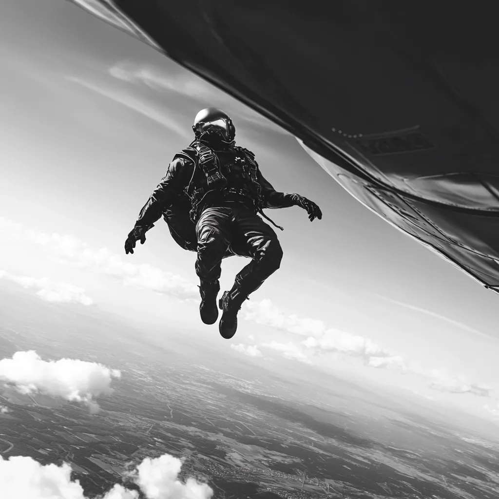 A black and white image captures a skydiver in mid-air, seemingly just exiting an aircraft visible in the upper right corner.  The skydiver is outfitted in a full jumpsuit and helmet, their limbs slightly splayed in a relaxed yet controlled posture. The backdrop is a vast expanse of clouds and distant land, providing a dramatic contrast to the dark silhouette of the falling figure. The overall mood is one of adventure and freedom.