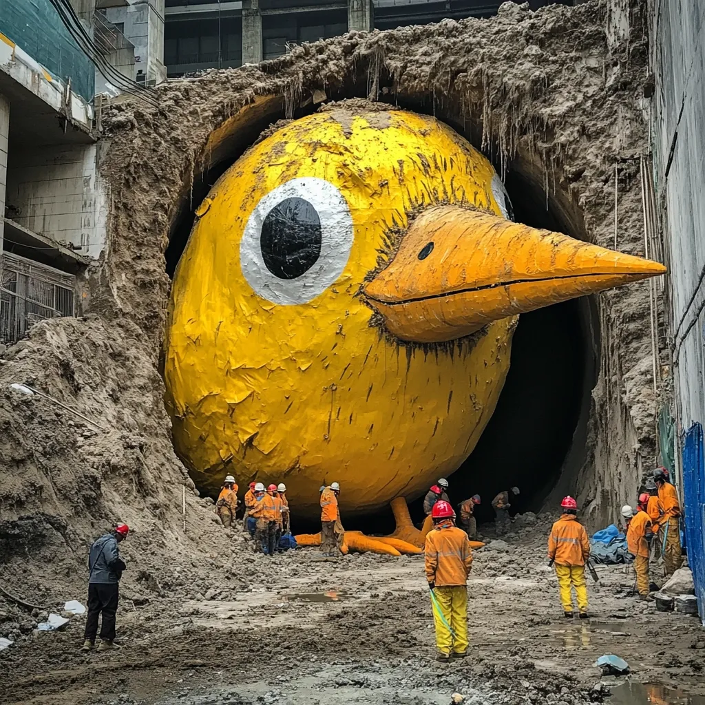 A giant, cartoonish yellow bird, seemingly made of inflatable material, protrudes from a large hole in the ground.  Construction workers in hard hats and safety gear are gathered around the base of the bird, amidst piles of excavated earth. The setting appears to be a city construction site, with concrete structures visible in the background. The juxtaposition of the whimsical bird with the industrial setting creates a surreal and intriguing scene.