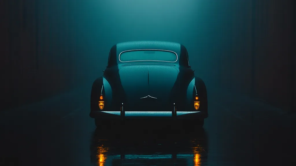 Here's a description of the image:

The image shows the rear view of a classic, dark-colored car, possibly teal or dark green, sitting in a dimly lit, possibly misty or smoky environment. The car appears to be wet, with water droplets visible on its surface.  Its backlights glow amber, providing a small source of light against the dark background. The overall mood is moody and atmospheric, with the car as the central, solitary focus. The reflection of the car and its lights are faintly visible on the wet ground.  The setting suggests a garage or alleyway.