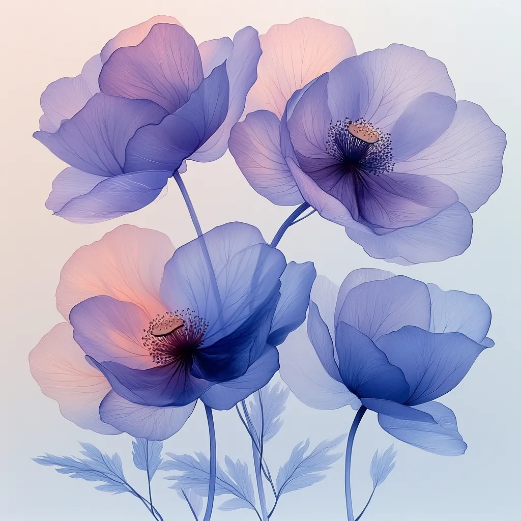 Here's a description of the image:

The artwork showcases a cluster of five stylized poppies, rendered in translucent shades of lavender and pale peach.  Their delicate petals are semi-transparent, giving them an ethereal quality. The color palette is soft and muted, with a gradient effect creating subtle shifts in tone across each blossom.  The flowers' centers are deep purple, providing a contrast to the lighter petals.  Fine, feathery foliage subtly frames the base of the floral arrangement against a pale background, enhancing the overall delicate and dreamy aesthetic.