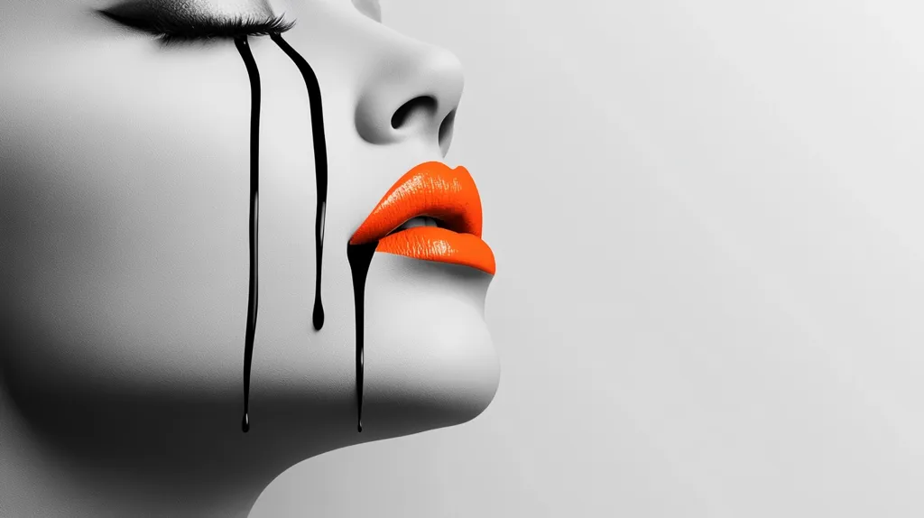 Here's a description of the image:

The image is a close-up, profile view of a woman's face, rendered in black and white except for her brightly colored orange lips.  Three streaks of black liquid, resembling tears, run down her cheek from under her closed eye. The contrast between the monochrome face and the vibrant orange lips, along with the dramatic black tears, creates a striking and somewhat melancholic visual effect. The background is a simple, light gray, keeping the focus entirely on the model's face. The overall style is artistic and evocative, suggesting themes of sadness, contrast, or even defiance.