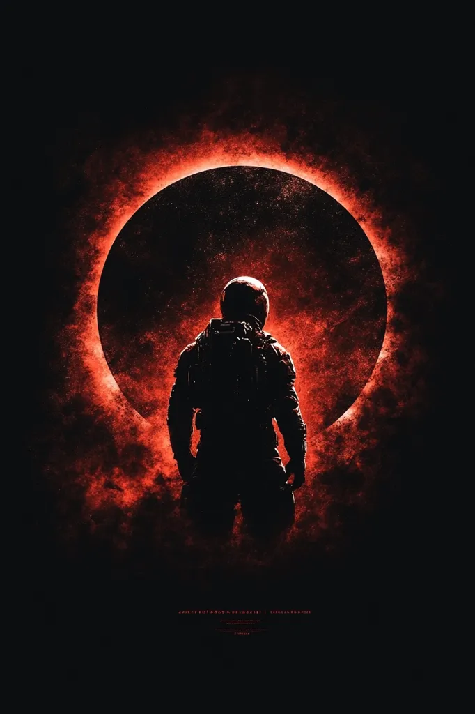 The image is a dark, stylized depiction of an astronaut silhouetted against a fiery red celestial event.  A large, dark planet or moon is encircled by a ring of intense, glowing red energy, creating a dramatic and ominous atmosphere. The astronaut's back is to the viewer, conveying a sense of isolation and mystery in the vastness of space. The overall mood is one of awe, danger, and impending cosmic drama.  The color palette is predominantly dark red and black, enhancing the dramatic effect.