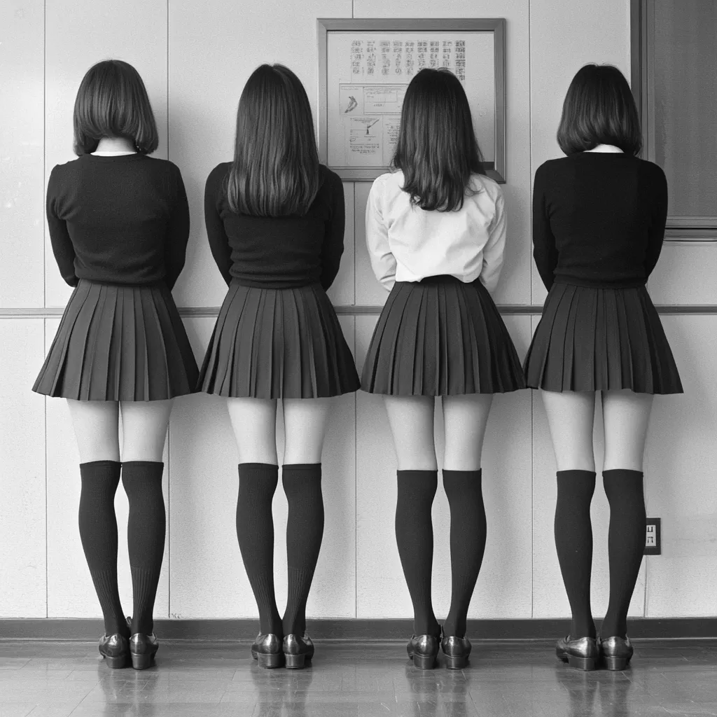 Four young women stand in a row, their backs to the camera, against a light-colored wall. They are uniformly dressed in pleated skirts, knee-high socks, and shoes.  Two wear black sweaters; one a white blouse; and another a black sweater. A framed schedule or chart hangs on the wall behind them. The monochrome photograph emphasizes the uniformity and stillness of the scene.