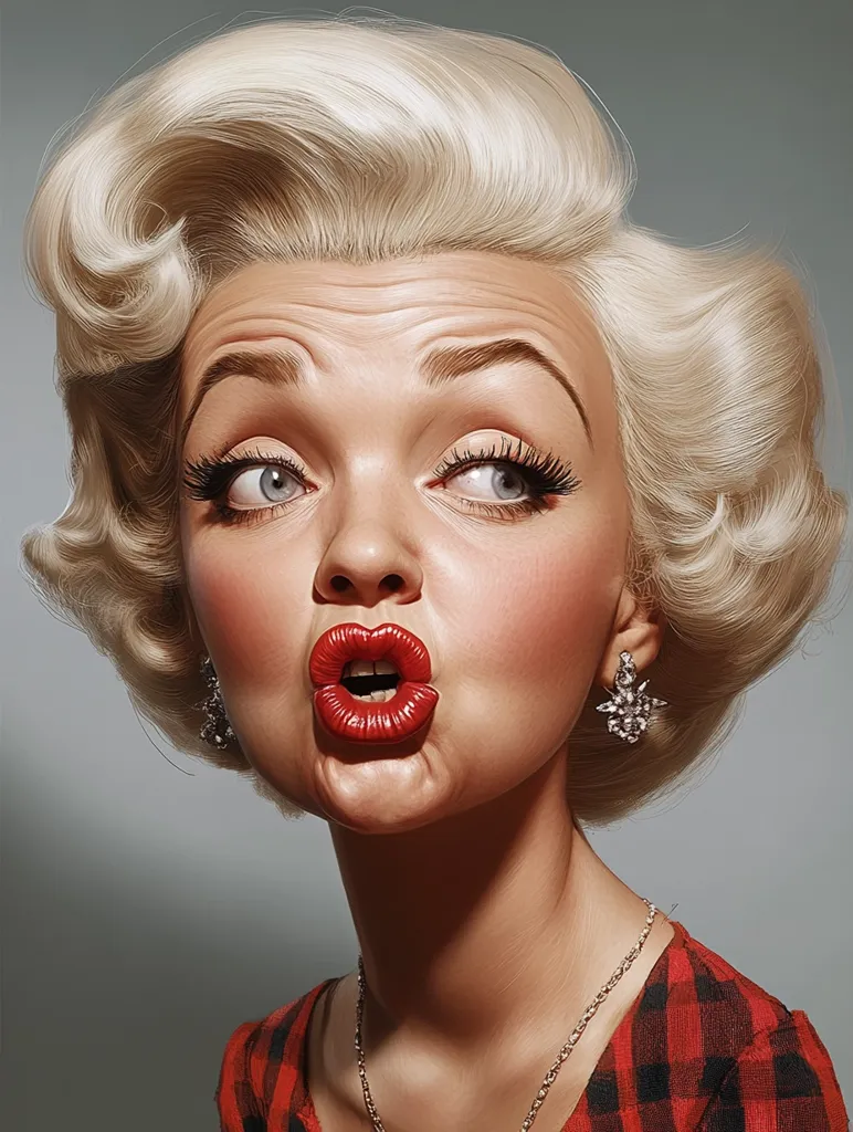 A stylized, caricature-like portrait of a blonde woman, reminiscent of Marilyn Monroe.  She has exaggerated features: large, expressive eyes, full lips pursed in a surprised or slightly shocked expression, and a meticulously styled, voluminous 1950s hairstyle. She wears a red and black checked dress and sparkling earrings, adding to the retro aesthetic. The image is highly realistic in its rendering of texture and light, contrasting the exaggerated features for a striking effect.
