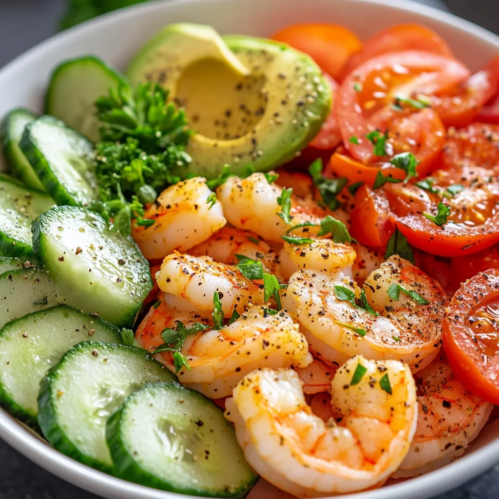 Here's a description of the image:

A vibrant and healthy shrimp bowl is the focal point, brimming with fresh ingredients.  Sliced cucumbers create a refreshing green base, alongside half an avocado.  Succulent, seasoned shrimp are piled generously in the center.  Sliced tomatoes, red and juicy, add a burst of color and texture.  A sprinkle of fresh parsley garnishes the entire dish, enhancing its visual appeal. The bowl is white, showcasing the colorful ingredients beautifully.  The overall impression is one of lightness, freshness, and deliciousness.