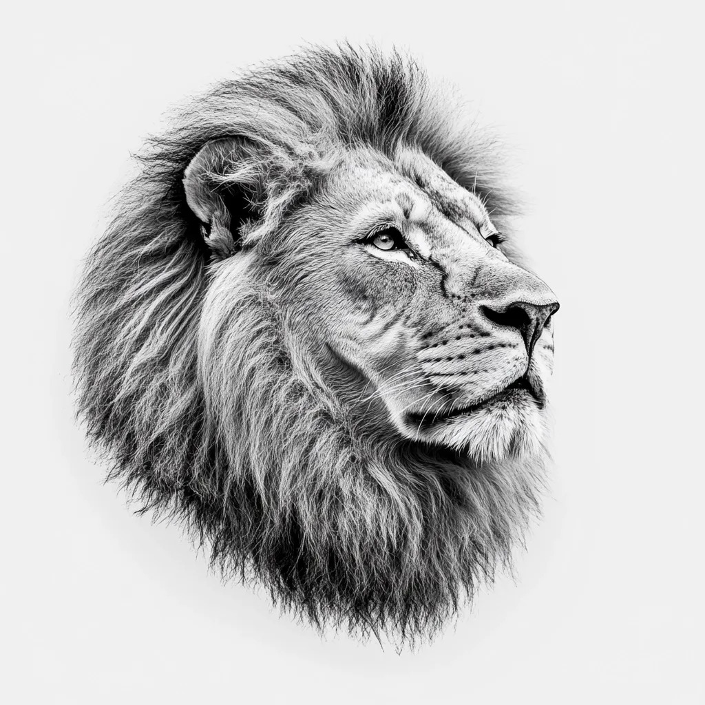 Here's a description of the image:

The photograph is a striking black and white close-up portrait of a male lion's head and mane. The lion is in profile, gazing slightly upward and to the right, giving it a regal and contemplative air.  Its mane is full and thick, with individual hairs clearly visible, suggesting a textured and powerful presence. The lion's expression is serene yet alert, showcasing its intense gaze. The high contrast of the black and white enhances the details of the fur and the lion's features, creating a dramatic and almost majestic image. The background is plain white, ensuring the lion remains the focal point.