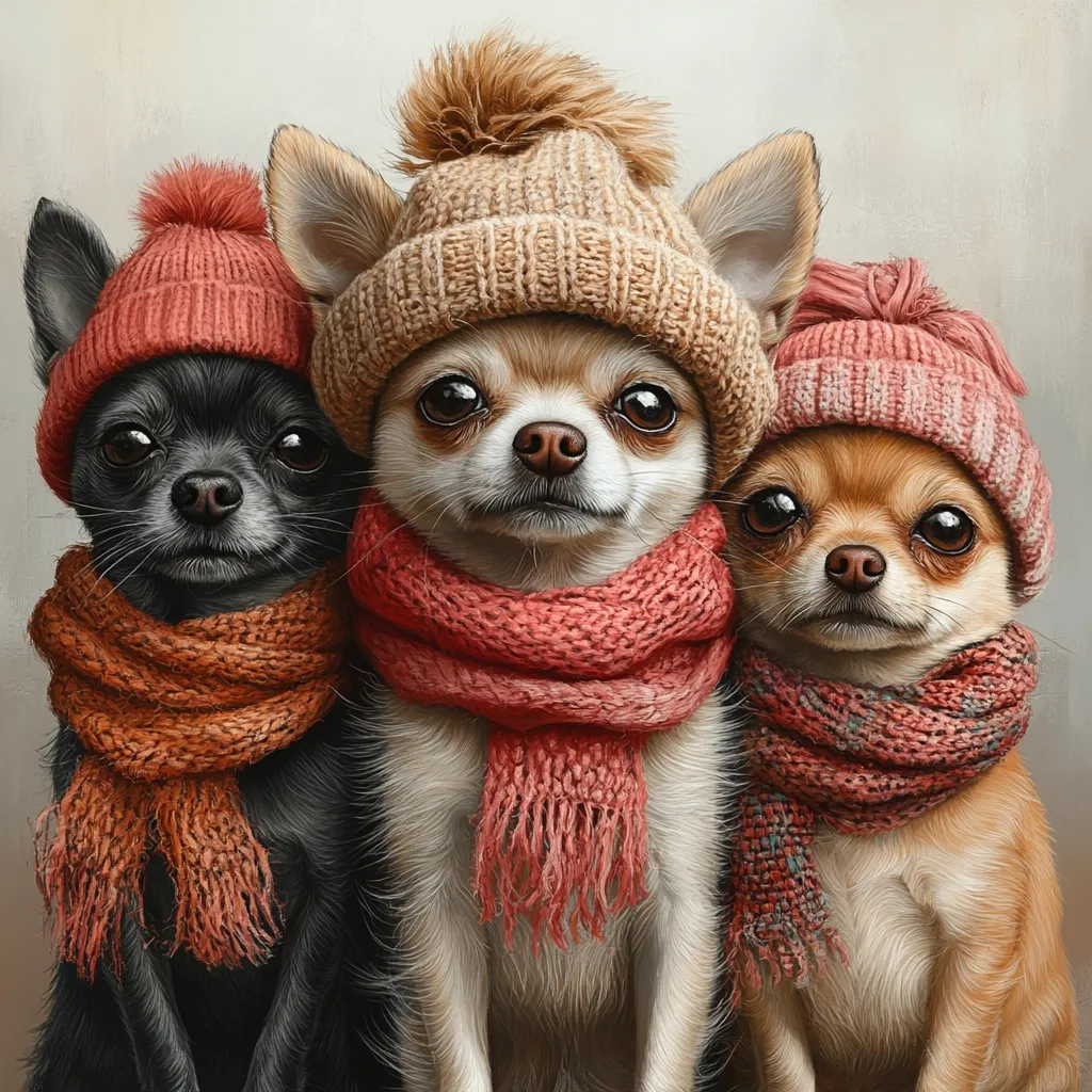 Here's a description of the image:

The artwork depicts three adorable Chihuahuas bundled up in cozy winter attire. A black Chihuahua wears a reddish-orange knit hat and scarf.  Next to it is a cream-colored Chihuahua sporting a beige knit hat and a coral-colored scarf.  A light brown Chihuahua completes the trio, dressed in a pink knit hat and a variegated pink and rust scarf.  The dogs are positioned closely, creating a heartwarming and charming scene, expertly rendered in a painterly style. The background is a muted, light beige.