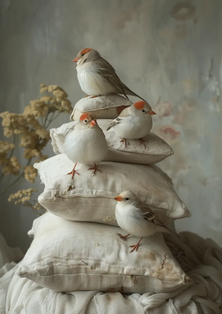 Four small birds, predominantly white with reddish-orange heads, perch on a stack of worn, off-white linen pillows. The birds are positioned at different levels, creating a visually appealing arrangement. The background features a muted, textured wall and a delicate, dried floral sprig, adding a sense of calm and serenity to the scene. The overall image evokes a feeling of quiet stillness and gentle beauty.