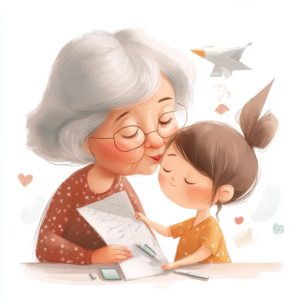 A sweet illustration depicts a grandmother with short, gray hair and glasses leaning in to kiss her granddaughter.  The granddaughter, with brown hair tied up, smiles sweetly as she sits at a table, seemingly sharing a piece of paper with her grandmother.  Pens and small objects are scattered on the table.  A paper airplane floats in the background, adding to the lighthearted and loving atmosphere. The style is soft and whimsical, with muted, warm colors.