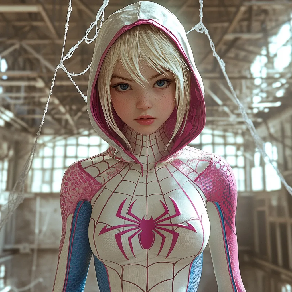 A digital rendering of a young woman in a stylized Spider-Gwen costume. She has platinum blonde hair peeking from under a hooded, pink and white suit.  The suit features a prominent pink spider emblem on the chest and a web-like pattern. Her expression is serious and direct, and she stands in a dilapidated industrial setting, with cobwebs subtly visible in the background. The overall style is anime-influenced, with a focus on realistic rendering of the character's features and costume.