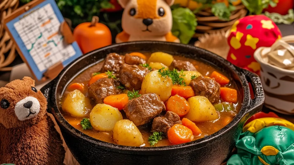 Here's a description of the image:

A hearty beef stew, brimming with chunks of tender beef, potatoes, and carrots, sits in a rustic cast iron pot. The stew's rich, brown gravy glistens under the light.  Garnished with fresh parsley, it's a visually appealing dish. The scene is set with a whimsical touch, featuring plush stuffed animals – a bear and a squirrel – near the pot.  A small menu or guide sits in the background, adding to the cozy, homely ambiance.  Other decorative items, possibly themed, are subtly visible around the stew pot. The overall mood is warm and inviting, suggesting a comforting and delicious meal.
