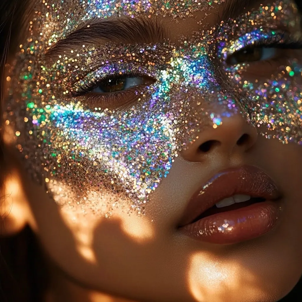 Close-up of a woman's face adorned with iridescent glitter, forming a striking, abstract mask across one eye and cheek.  The glitter's multi-hued sparkle contrasts beautifully with her warm skin tone.  Soft sunlight casts shadows, enhancing the texture and luminosity of the glitter application. The overall effect is one of ethereal beauty and dramatic makeup artistry.