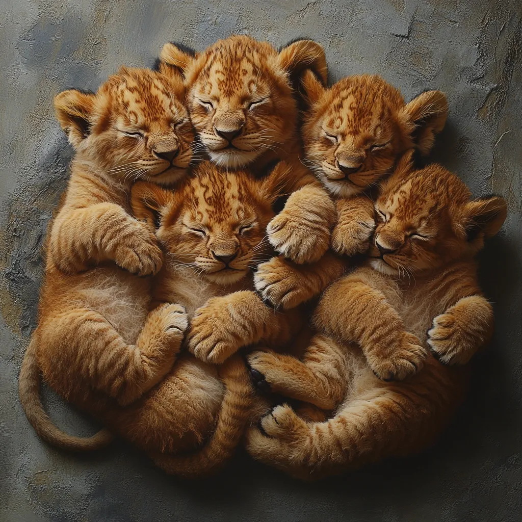 Five lion cubs huddle together in a tight, adorable pile, fast asleep on a textured gray surface.  Their eyes are closed, and their paws are tucked in close to their bodies.  The cubs' reddish-brown fur is soft and fluffy. They are arranged in a circular formation, their bodies intertwined in a peaceful slumber. The overall image is one of warmth, innocence, and the comforting closeness of siblings.