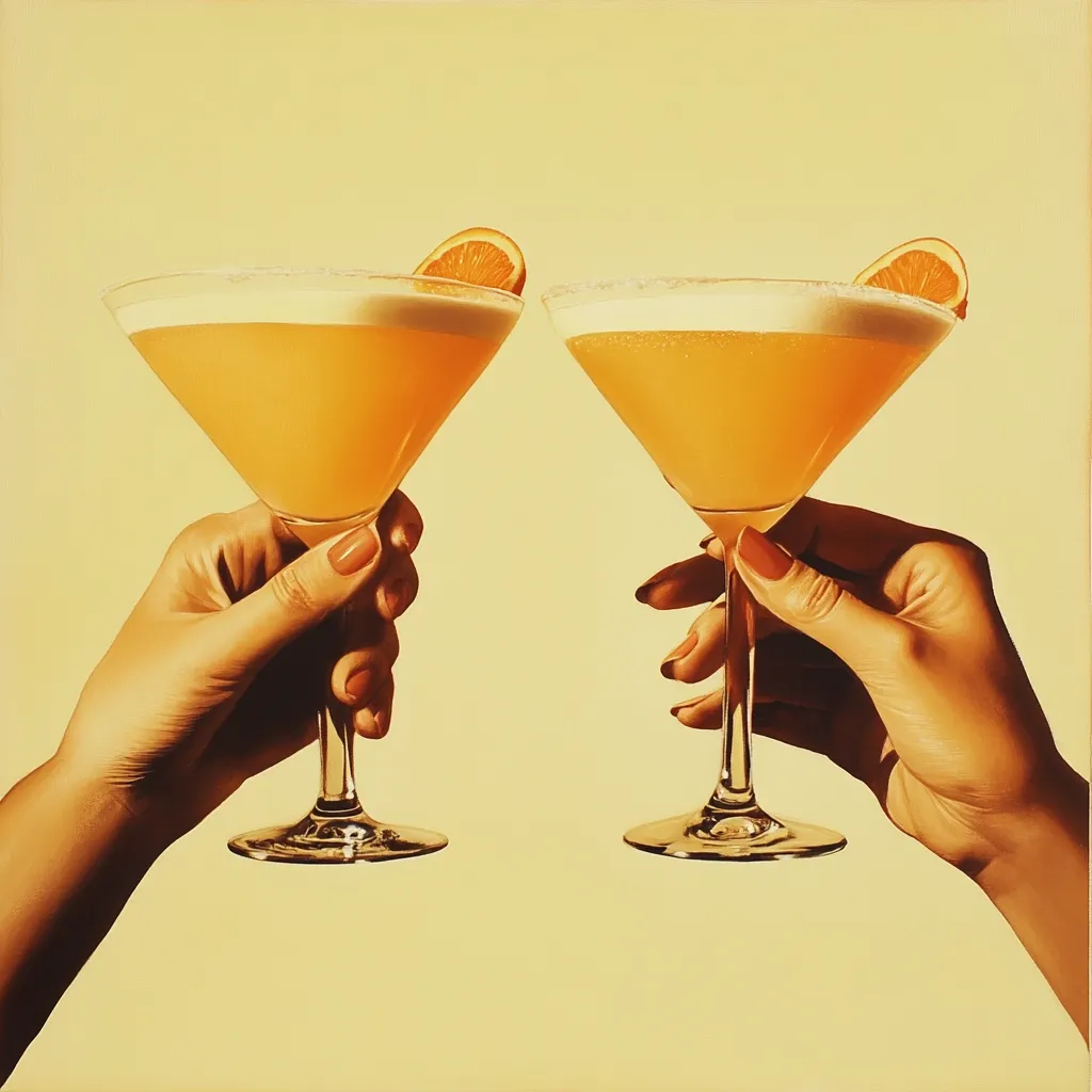 Here's a description of the image:

The artwork depicts two hands elegantly holding up martini glasses filled with a vibrant orange cocktail, garnished with an orange slice. The drinks have a frothy top, suggesting a creamy texture. The hands are softly lit against a muted yellow background, creating a retro, almost vintage aesthetic. The overall style is hyperrealistic, showcasing fine details in the skin tones, the glass textures, and the liquid inside the glasses. The scene evokes a feeling of sophisticated leisure and celebration.