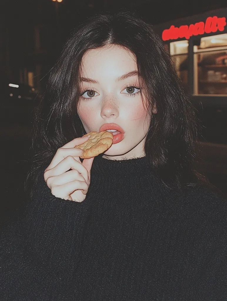 Here's a description of the image:

Close-up view of a young woman with long, dark brown hair, fair skin, and freckles, taking a bite of a cookie. She's wearing a dark-colored, textured turtleneck sweater. The setting appears to be nighttime, with blurred city lights and a faintly visible storefront in the background. The overall mood is moody and intimate, with a slightly vintage or film-like quality to the image. The focus is sharply on the woman and the cookie, creating a visually appealing contrast between the soft textures of her skin and hair and the rougher texture of the sweater.