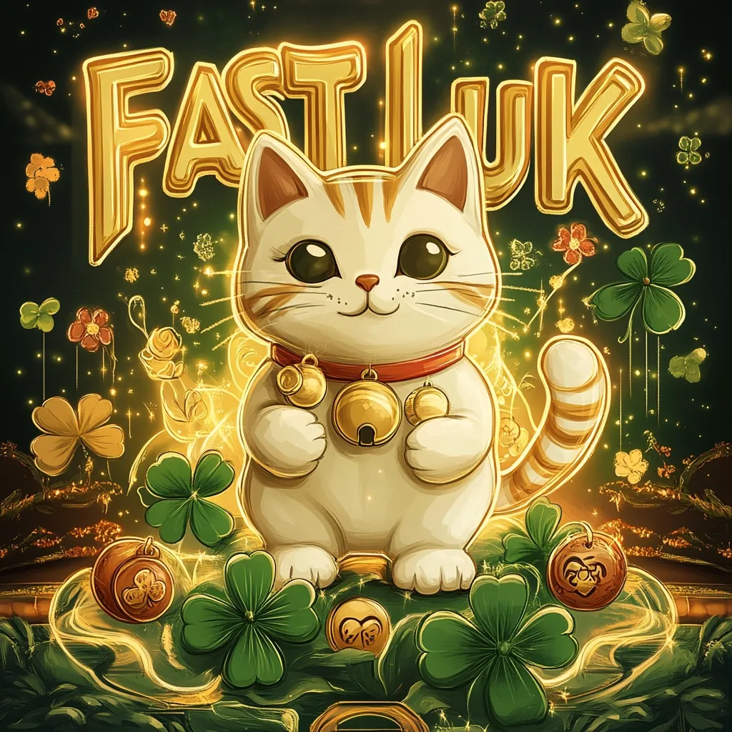Here's a description of the image:

The illustration features a charming, stylized Maneki-neko (beckoning cat) at the center, depicted in creamy white with orange tabby markings. It holds golden bells and is surrounded by glowing four-leaf clovers and golden sparkles on a dark green background.  The word "FAST LUCK" is prominently displayed in golden, stylized lettering above the cat. The overall style is whimsical and vibrant, suggesting a theme of good fortune and prosperity, possibly related to gambling or games of chance. The background also includes smaller flowers and decorative elements, enhancing the magical and lucky atmosphere.