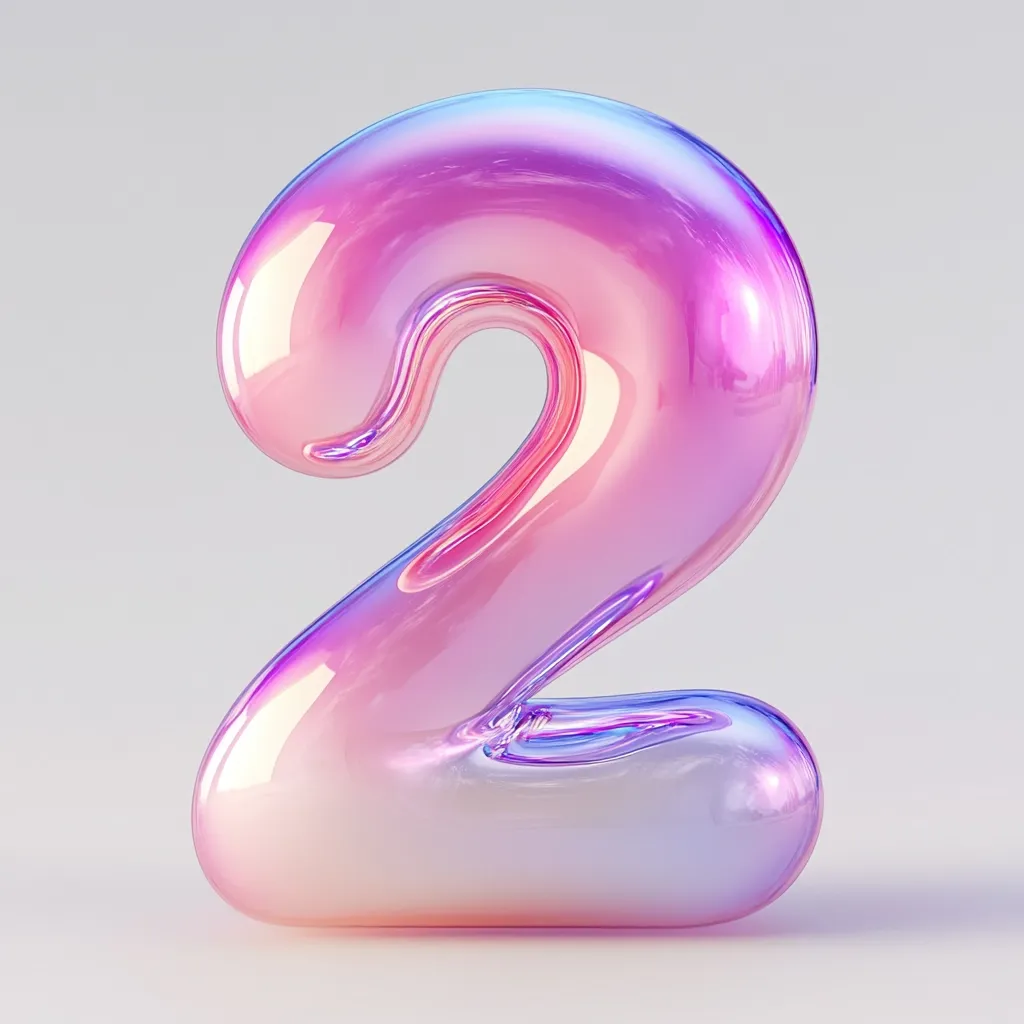 The image shows a three-dimensional rendering of the number "2".  It's depicted in a glossy, iridescent style with a color gradient shifting from pale pink to purplish-blue. The texture suggests a smooth, almost liquid, quality to the number's form. The background is a simple, neutral gray, allowing the vibrant, colorful number to stand out prominently.  The overall effect is modern and playful.