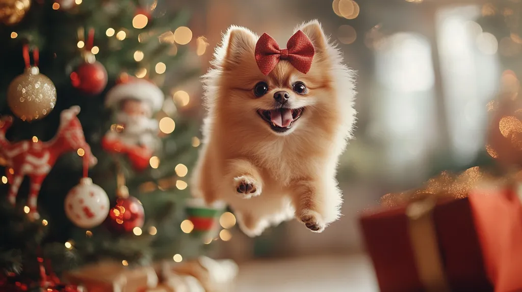 A fluffy Pomeranian dog, adorned with a festive red bow, leaps joyfully in front of a beautifully decorated Christmas tree.  Warm, golden lights twinkle on the tree, creating a magical atmosphere.  A red gift box sits partially visible in the foreground, adding to the celebratory Christmas scene. The dog's expression is one of pure delight, capturing the spirit of the holiday season.