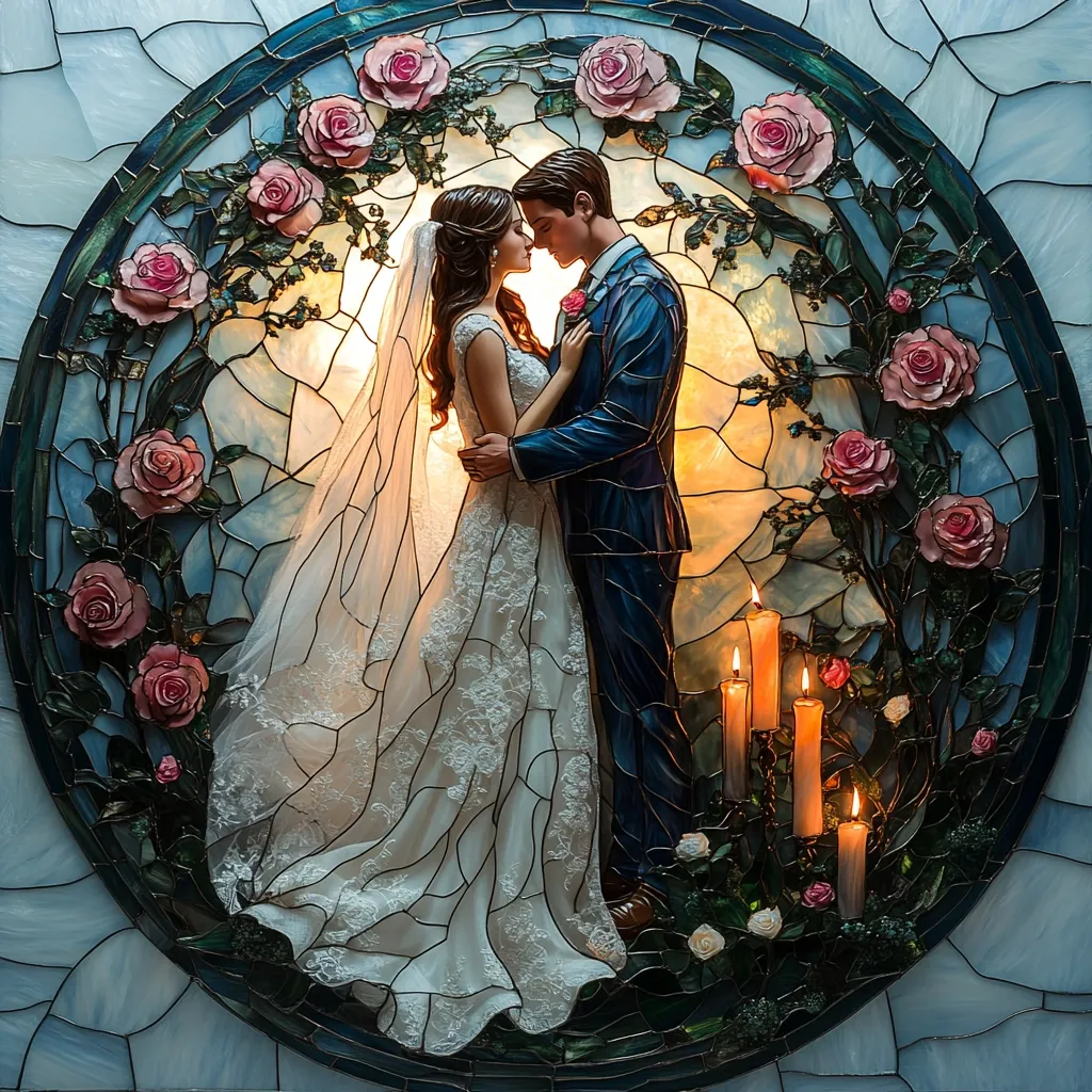Here's a description of the image:

A stunning stained-glass artwork depicts a bride and groom embracing.  The couple, rendered in a romantic style, stands within a circular frame adorned with meticulously crafted roses.  The warm, amber glow of lit candles adds a romantic ambience. The artist's attention to detail is evident in the delicate lace of the bride's gown and the rich textures of the groom's suit, all captured within the intricate stained glass.  The overall effect is a beautiful and evocative portrayal of wedding love.
