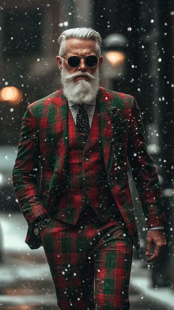 A stylish older man with a long white beard and gray hair walks through falling snow. He's wearing a striking red and green plaid three-piece suit, dark sunglasses, and a dark patterned tie.  His attire is impeccably tailored, and his confident stance suggests a strong sense of style. The snowy urban background creates a dramatic contrast with the vibrant suit.