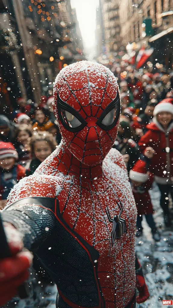Here's a description of the image:

A close-up shot depicts Spider-Man, covered in a light dusting of snow, taking a selfie amidst a bustling, snowy city street scene.  The background is blurred but shows a Christmas-like atmosphere with people in holiday attire and festive lights.  Spider-Man's suit is detailed, the red and black clearly visible despite the snow. The overall feeling is one of festive action and superhero fun in a winter setting.