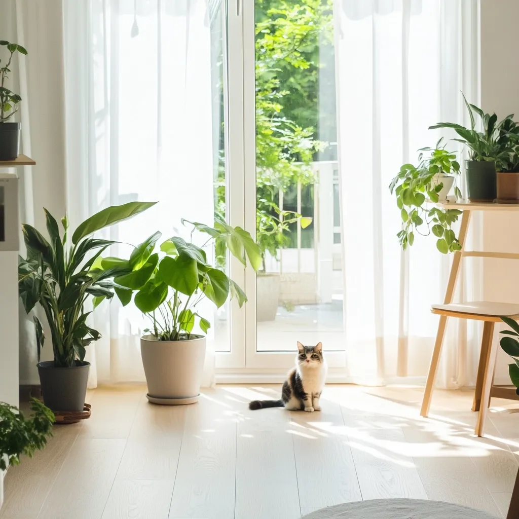 Sunlight streams through sheer curtains into a bright, minimalist room.  A tabby cat sits serenely on a light wood floor, centered amongst several potted houseplants.  Large leafy plants flank a glass door leading to a verdant outdoor space.  A simple wooden side table holds more plants, and a light wooden chair sits nearby. The overall aesthetic is calm and naturally bright.