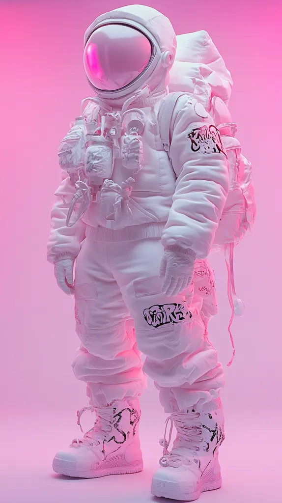 Here's a description of the image:

The image showcases a 3D-rendered astronaut figure, entirely monochromatic in a soft, pale pink hue. The astronaut suit is voluminous and seemingly made of a soft, almost fabric-like material, rather than rigid metal.  The suit is adorned with various pouches and equipment, also rendered in the same pale pink.  Graffiti-style markings are visible on the suit's legs and arm. The astronaut wears bulky, high-top boots with similar graffiti detailing. The background is a solid, matching pink, focusing all attention on the figure. The overall aesthetic is sleek, modern, and slightly surreal.