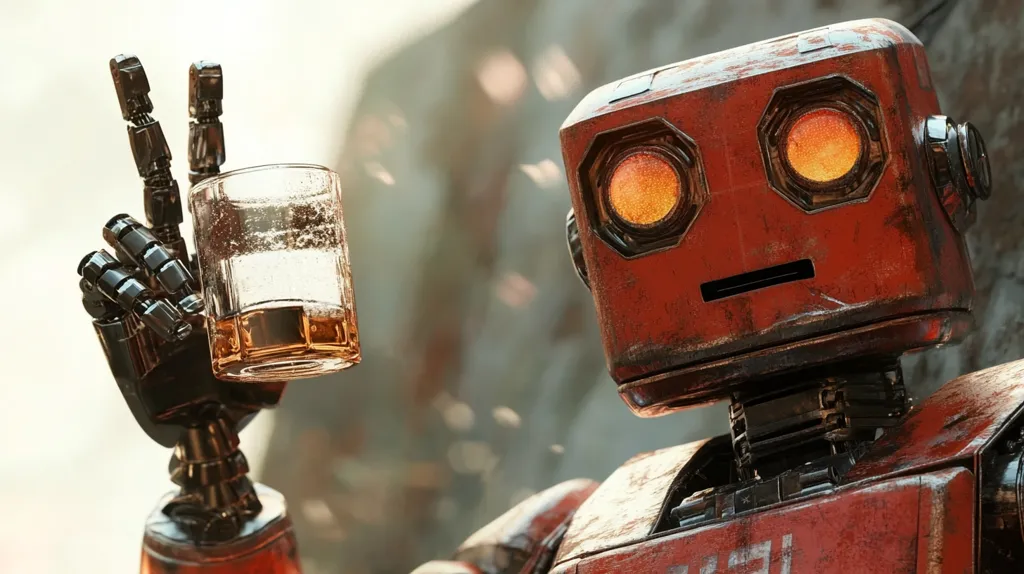 Close-up view of a rusty, red robot. Its metallic, aged body contrasts with glowing orange eyes.  One robotic hand, detailed with numerous joints and components, holds a glass containing an amber liquid, possibly whiskey. The robot's other hand displays a peace sign. The background is blurred, suggesting an outdoor setting with rocky textures. The overall image evokes a post-apocalyptic or steampunk aesthetic.