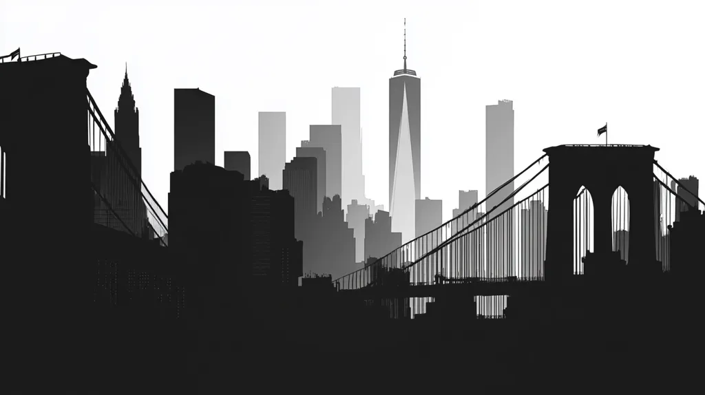 A striking black and white illustration depicts the New York City skyline, viewed from the Brooklyn Bridge.  The One World Trade Center is prominently featured, its spire reaching towards a blank white sky.  The bridge's silhouette is stark against the grayscale cityscape, creating a dramatic and minimalist representation of the iconic urban landscape.  The image emphasizes the architectural grandeur and the interplay of light and shadow.
