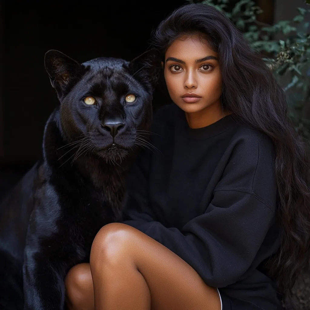 A young woman with long, dark hair sits beside a large black panther.  Both are dressed in shades of black. The woman gazes directly at the viewer, her expression serious and captivating. The panther, positioned slightly behind her, seems calm and watchful. The dark background and lighting enhance the dramatic mood of the image, creating a striking contrast between the woman and the powerful animal. The overall effect is one of elegance and mysterious intensity.