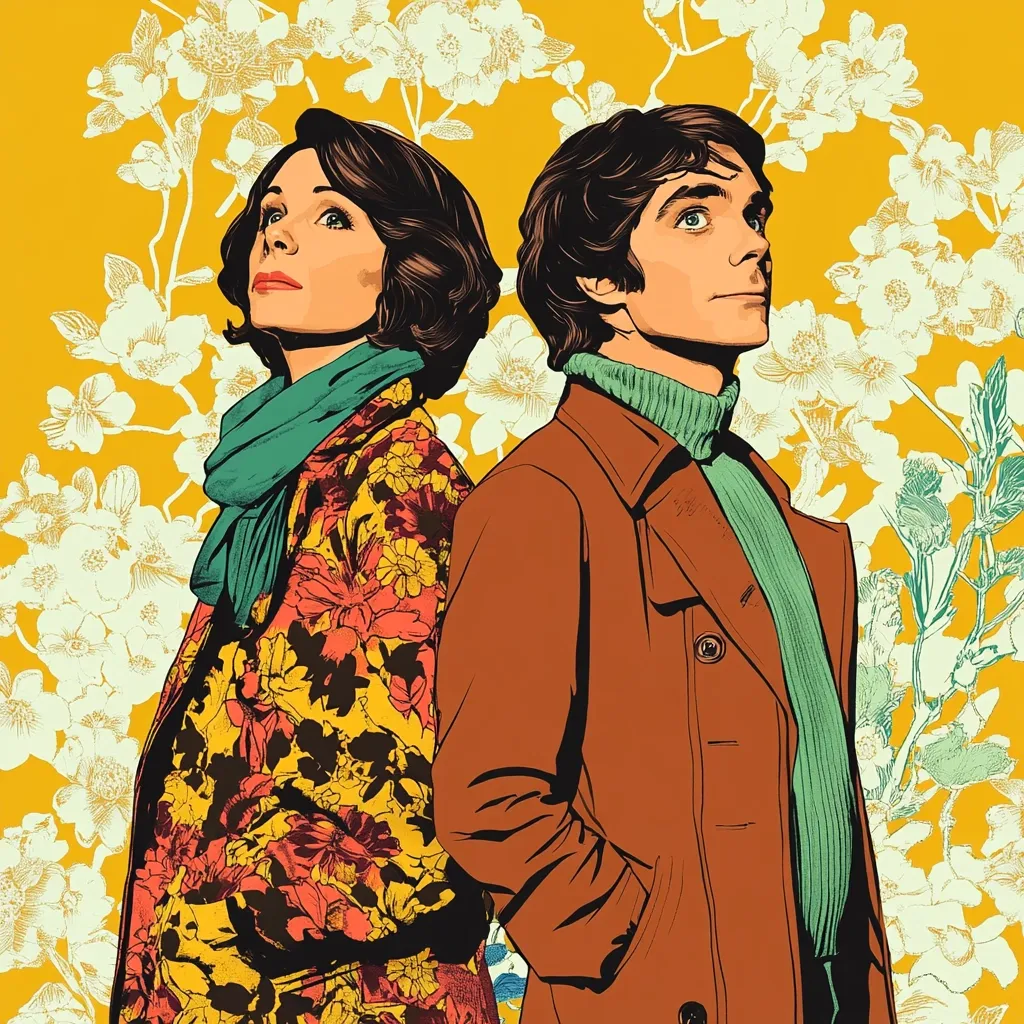 Here's a description of the image:

The illustration showcases a stylized portrait of a man and a woman, positioned back-to-back against a vibrant yellow backdrop adorned with a pattern of delicate, white blossoms. The woman, on the left, wears a floral-printed coat with red, yellow, and orange hues, and a teal scarf.  The man, to the right, is dressed in a brown trench coat over a green turtleneck sweater. Both figures are looking upward, conveying a sense of shared contemplation or expectation. The artistic style is reminiscent of vintage comic book art or a retro poster, with bold lines and saturated colors.