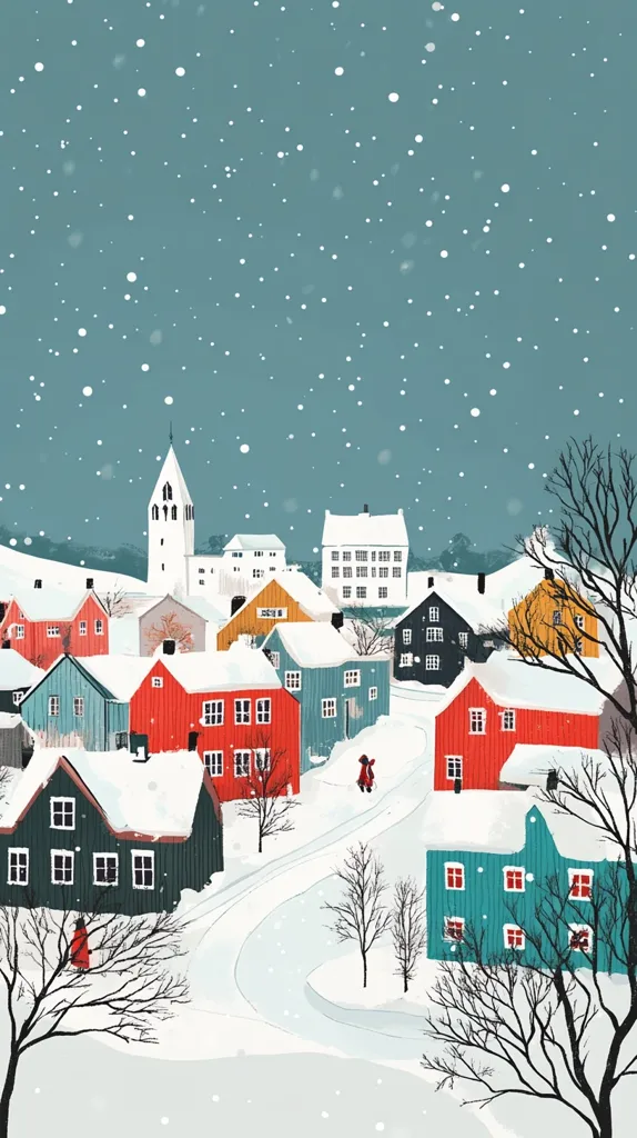 A charming illustration depicts a snow-covered village under a softly falling snow.  Brightly colored houses, ranging from red and teal to yellow and green, huddle together. A church steeple rises in the background. Winding paths, seemingly icy, weave through the scene. Bare winter trees add to the peaceful, festive atmosphere, with a lone figure in red walking along the path. The overall style is whimsical and evocative of a quaint, snowy Christmas scene.