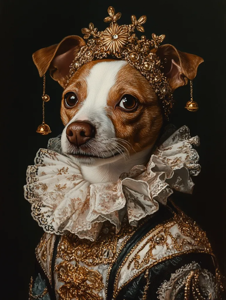 Here's a description of the image:

The artwork depicts a small, brown and white dog, possibly a Jack Russell Terrier mix, dressed in opulent, baroque-style attire.  The dog wears a gold crown adorned with intricate detailing and dangling bells, a large, ruffled lace collar, and a dark, richly embroidered jacket with gold embellishments. The painting style is reminiscent of classical portraiture, emphasizing detail and rich textures. The background is a deep, dark tone that accentuates the dog's regal costume. The overall effect is whimsical and elegant, presenting the canine subject as a majestic monarch.
