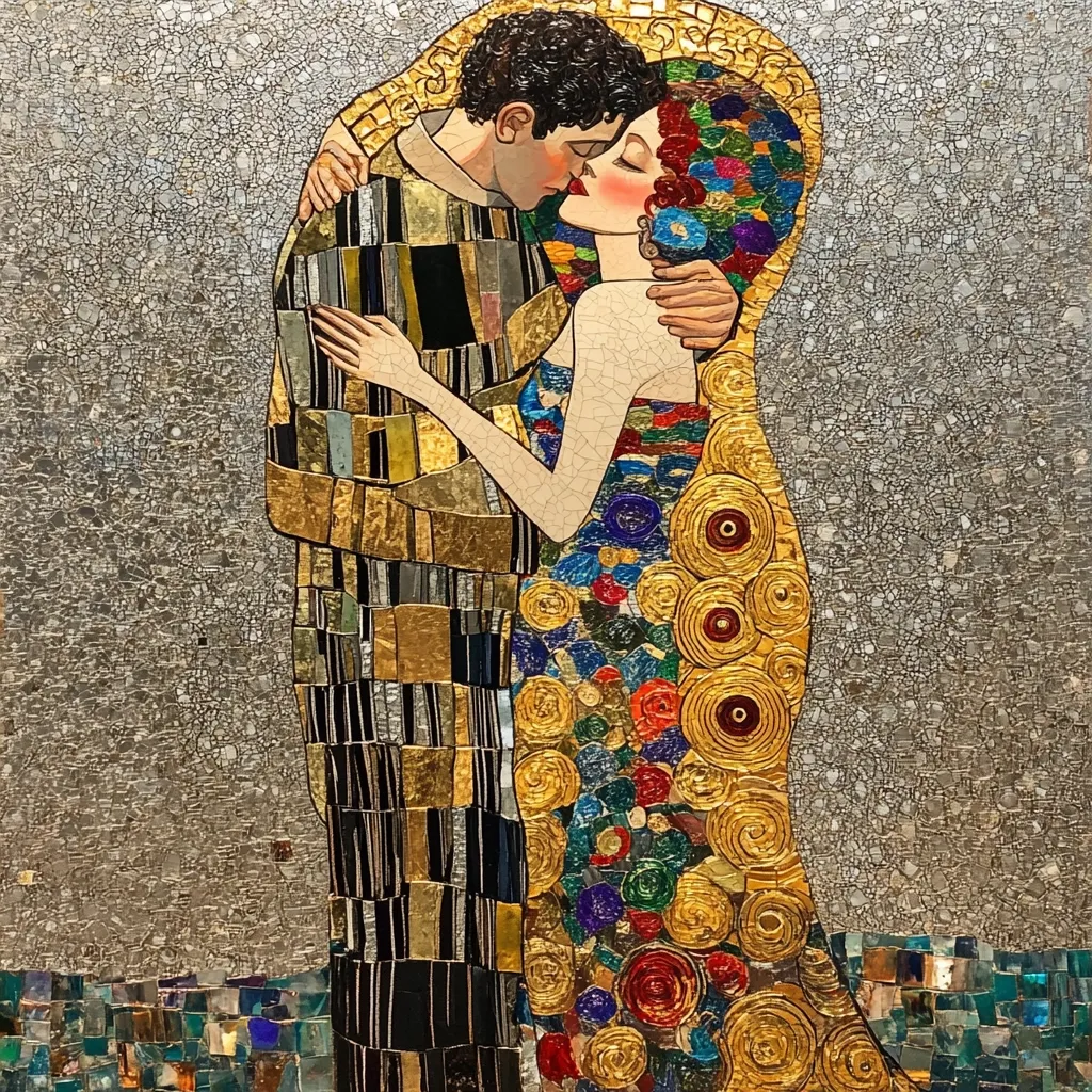Here's a description of the image:

The image is a mosaic recreation of Gustav Klimt's "The Kiss."  The artwork is rendered in a vibrant mosaic style, utilizing numerous small, colored tiles to recreate the original painting's distinctive patterns and colors.  Gold is prominent, particularly in the woman's robe.  The figures, a passionately embracing couple, are depicted in Klimt's characteristic style, with the man in a patterned robe and the woman in a flowing, ornate gown. The background is a textured silver, contrasting with the richness of the central figures.  The mosaic technique gives the piece a textured and luminous quality.