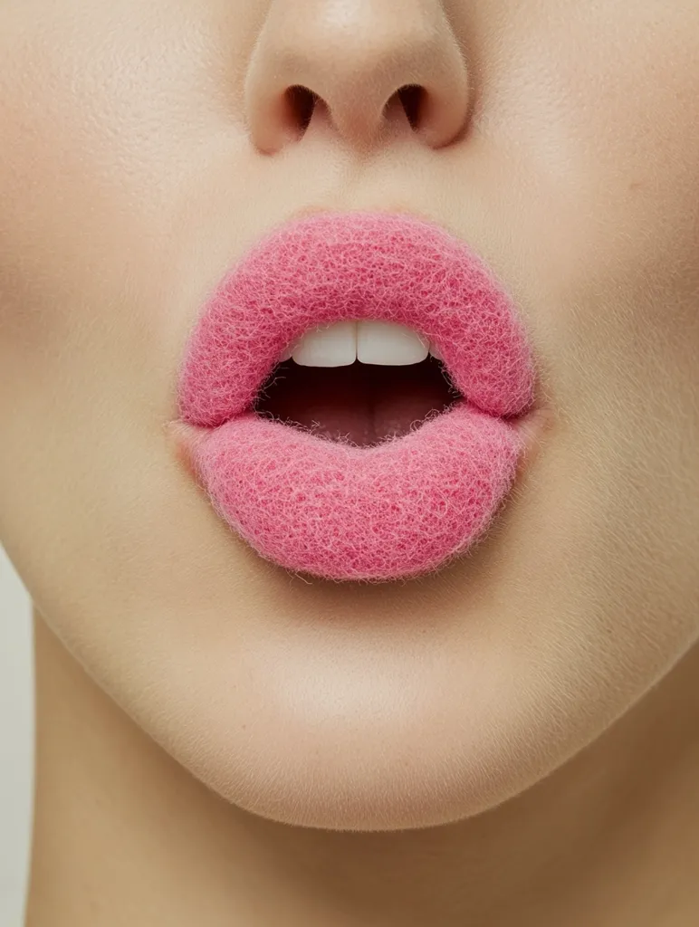 Here's a description of the image:

Close-up view of a woman's mouth.  Her lips are a vibrant, textured pink, appearing almost fuzzy or slightly porous in texture.  The lips are slightly parted, revealing even, white teeth. The skin around the mouth is smooth and fair-toned, and the overall image has a clean, almost clinical aesthetic. The focus is sharply on the lips, drawing attention to their unique texture and color.  The background is blurred and out of focus, further emphasizing the detail of the lips.