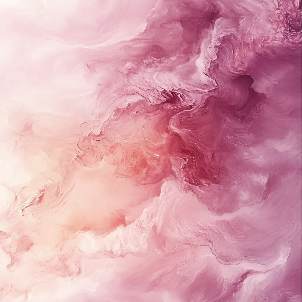 The image is an abstract painting dominated by swirling shades of pink and rose.  The colors blend seamlessly, creating a dreamy, ethereal effect.  The paint appears thick and textured, with visible brushstrokes suggesting movement and fluidity.  Light peachy tones lighten the lower sections, creating depth and contrast against the richer, deeper pinks in the upper half. The overall impression is one of soft beauty and delicate movement.