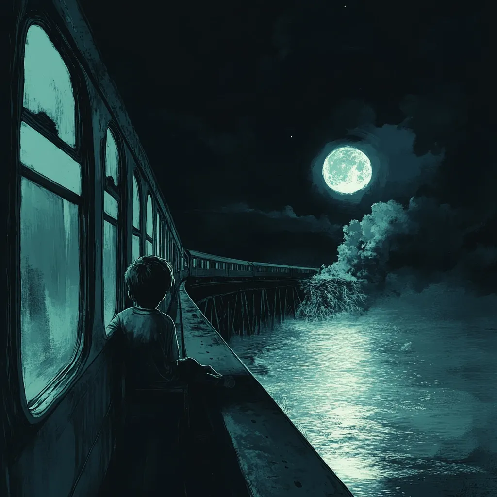 A young boy sits alone on a train at night, gazing out at a moonlit ocean. The train tracks seem to disappear into the water, creating a surreal, slightly ominous atmosphere. The large, bright moon dominates the dark sky, casting an ethereal glow on the scene. The overall color palette is dark teal, enhancing the mysterious and melancholic mood. The image evokes feelings of loneliness and wonder, with a touch of fantasy.