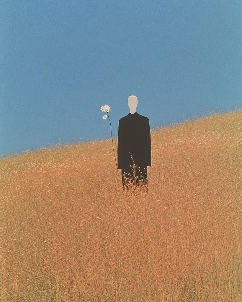A faceless mannequin in a black coat stands in a field of tall, golden grass under a clear blue sky.  A single, delicate white flower grows beside it. The image evokes a sense of solitude and minimalism, the stark figure contrasting with the muted natural landscape. The color palette is calm and subdued, creating a peaceful yet somewhat melancholic mood.