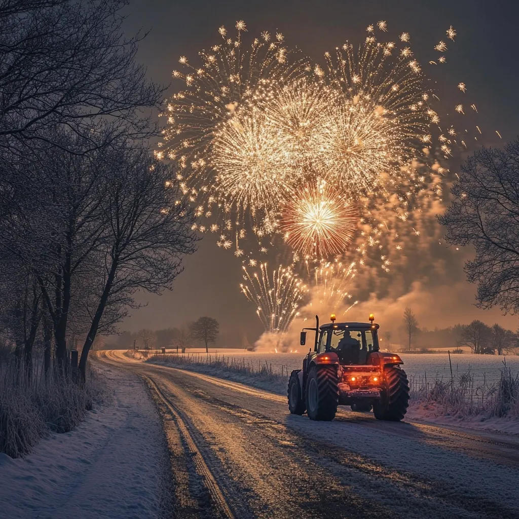 A captivating winter scene unfolds: a lone tractor travels down a snow-covered country road, silhouetted against a breathtaking firework display.  The vibrant, golden bursts of fireworks illuminate the night sky, creating a magical backdrop. Bare, snow-dusted trees line the road, adding to the serene, yet festive atmosphere.  The image evokes a sense of peace and celebration in a rural setting.