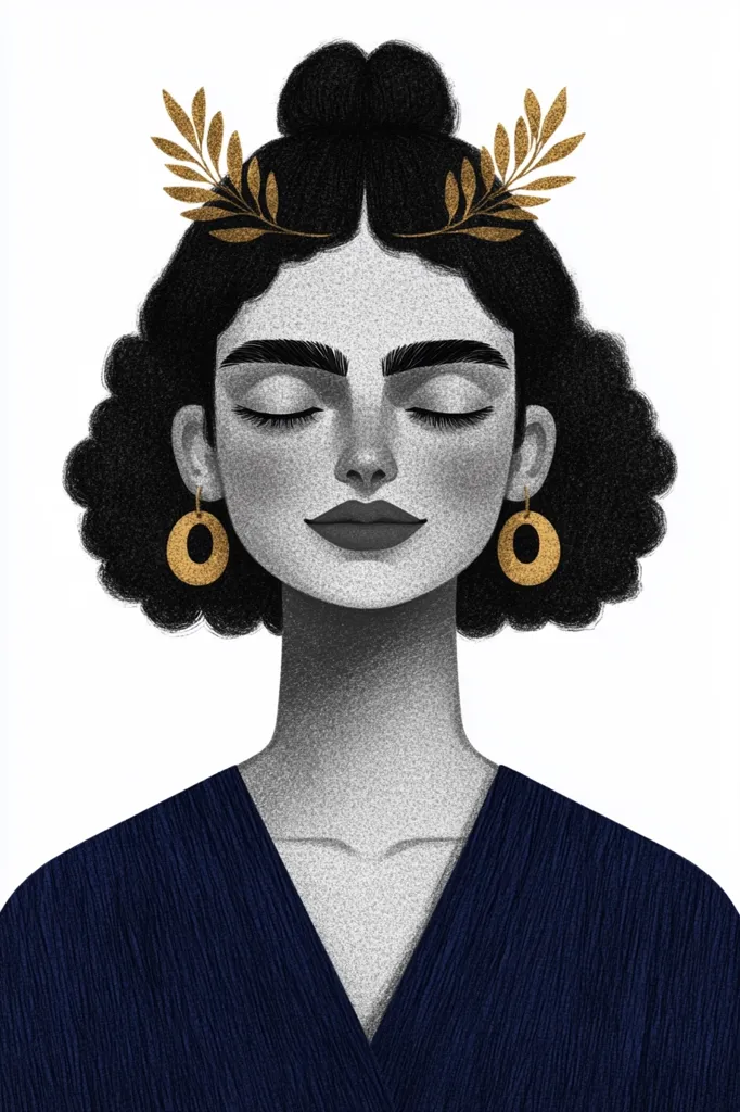 Here is a description of the image:

The illustration showcases a serene woman with dark, curly hair styled in a topknot.  A golden laurel wreath adorns her head, and she wears large, gold hoop earrings. Her eyes are closed, suggesting tranquility.  She is depicted in a grayscale style, with the exception of the golden accents, enhancing a sense of calm and elegance. She's dressed in a simple, dark blue v-neck top. The overall style is minimalist and sophisticated, with a focus on the subject's peaceful expression and elegant features.