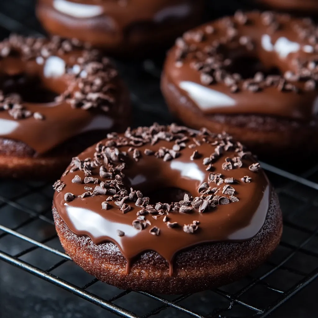 Here's a description of the image:

Close-up view of several chocolate donuts arranged on a dark wire rack.  The donuts are generously coated in a rich, glossy chocolate glaze, and sprinkled with chocolate shavings.  The glaze has a slightly drippy texture, indicating it's freshly applied. The background is dark and blurred, focusing attention on the decadent treats. The overall mood is one of delicious indulgence.