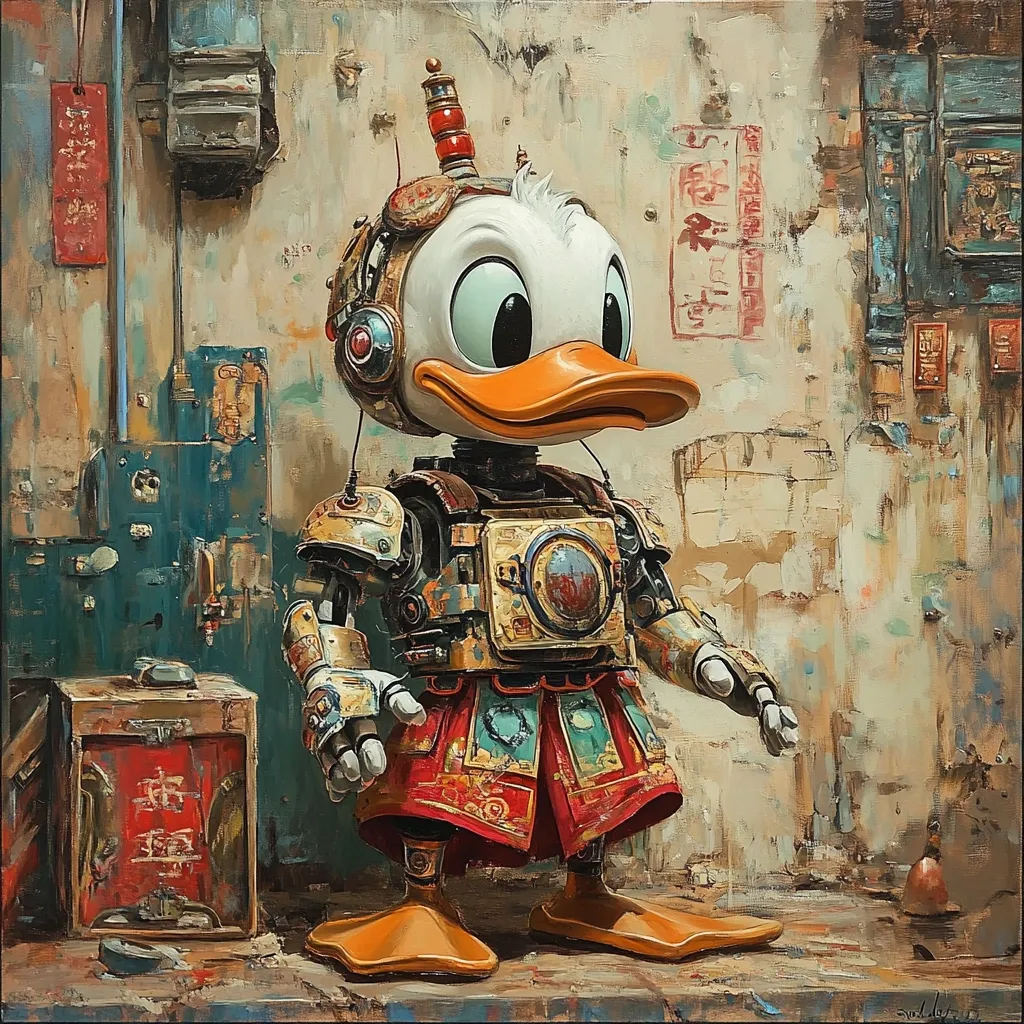 A steampunk-style painting depicts a robotic Donald Duck.  The duck's head is distinctly Donald, but his body is a complex array of metallic gears, panels, and worn brass.  He wears ornate, red-and-gold patterned pants. The setting is a dilapidated, textured wall with Asian-inspired signage and aged boxes, creating a gritty, industrial backdrop. The overall aesthetic is a blend of Disney character design and a post-apocalyptic or cyberpunk feel. The painting is rich in detail and texture, showcasing skillful use of color and brushwork.