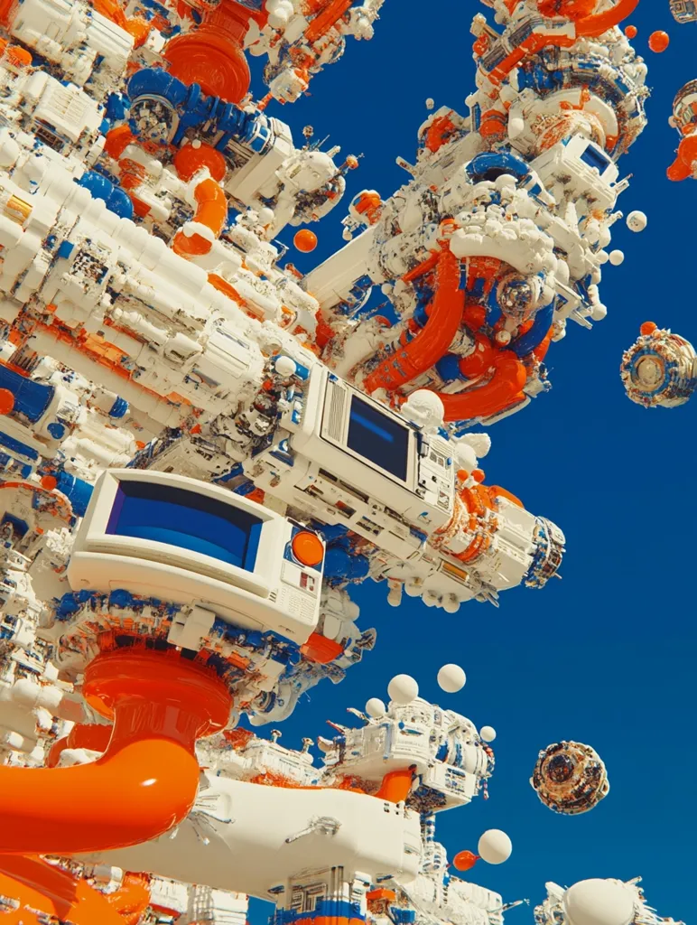 Here is a description of the image:

The image is a vibrant, surreal digital artwork depicting a complex, interconnected structure against a clear blue sky.  The structure is primarily white, accented with bright orange piping and blue detailing.  It resembles a futuristic, overgrown machine or cityscape, built from a chaotic assemblage of components that include what appear to be vintage computer monitors and other technological elements.  Small, spherical objects float around the structure, adding to the dreamlike, fantastical atmosphere. The overall style is highly detailed and intricate, with a playful juxtaposition of retro technology and futuristic design.